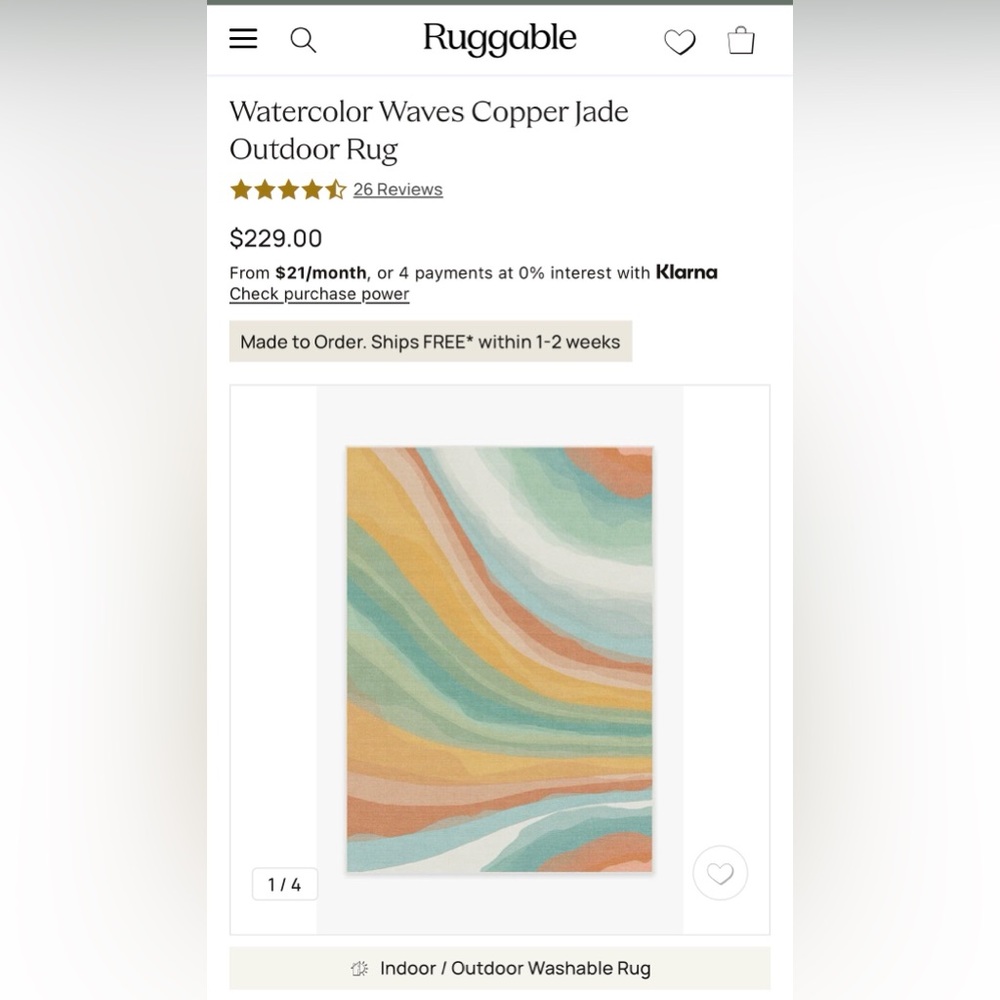Ruggable Outdoor Watercolor Waves Copper Jade, 5x7, Rug + Pad System
